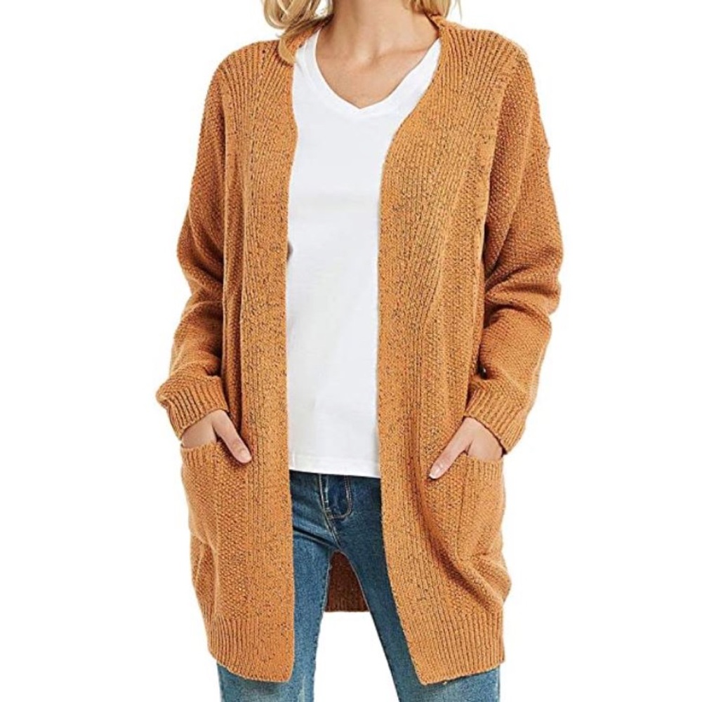 futurino Mustard Yellow-ish Brown Cable Knit Boyfriend Cardigan Sweater